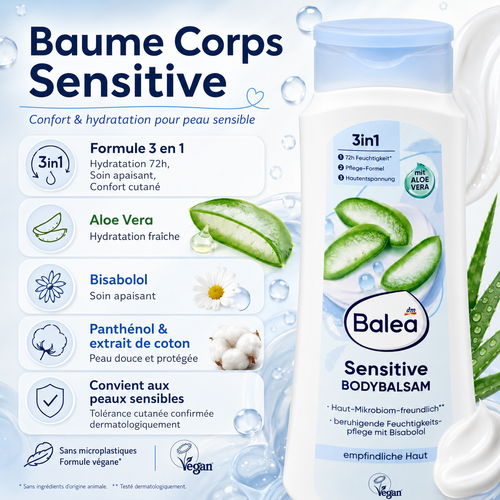 Balea Bodybalsam Sensitive – Baume Corps Apaisant pour Peaux Sensibles – 400 ml