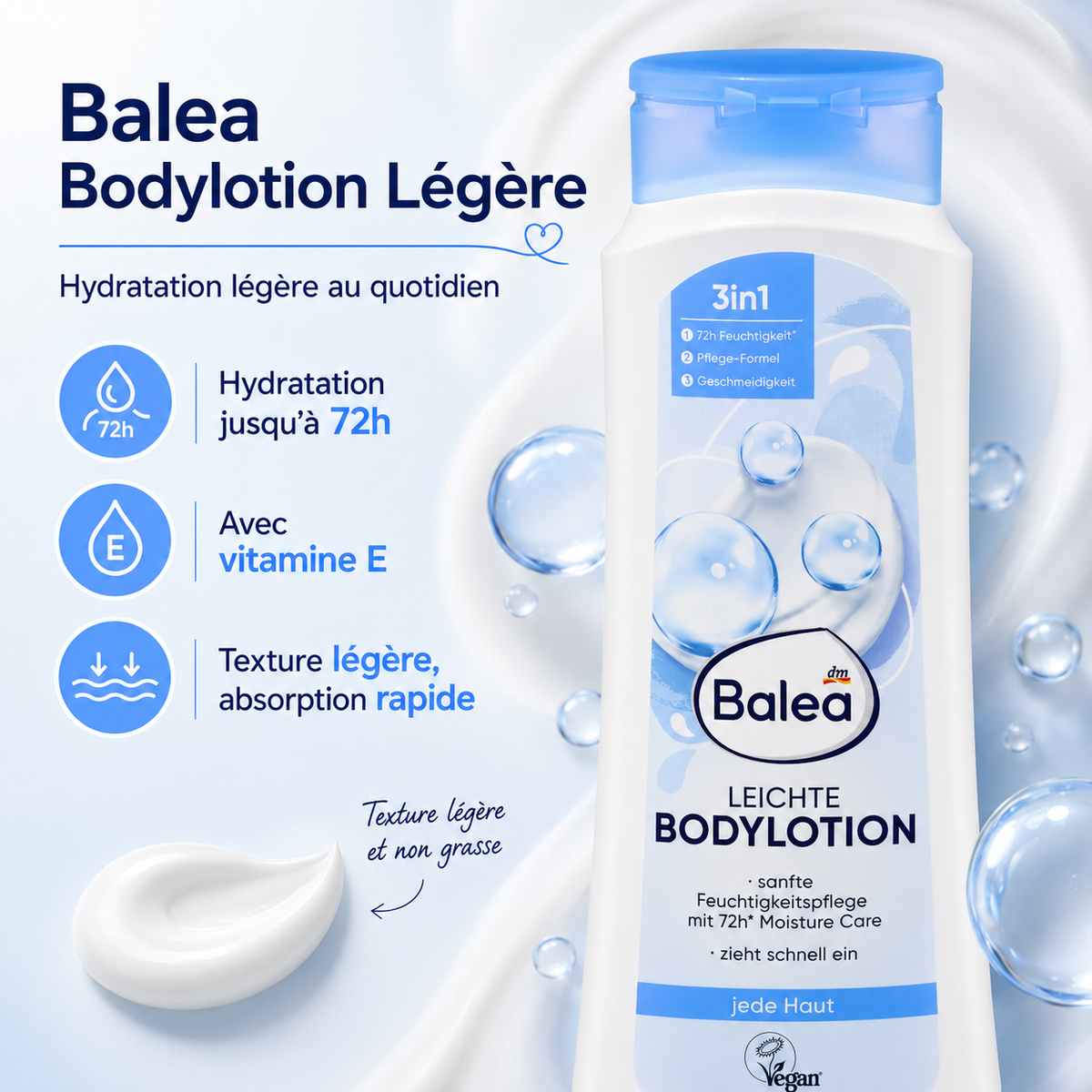 Balea Bodylotion Leichte – Lait Corps Léger Hydratant 72H à la Vitamine E – 400 ml