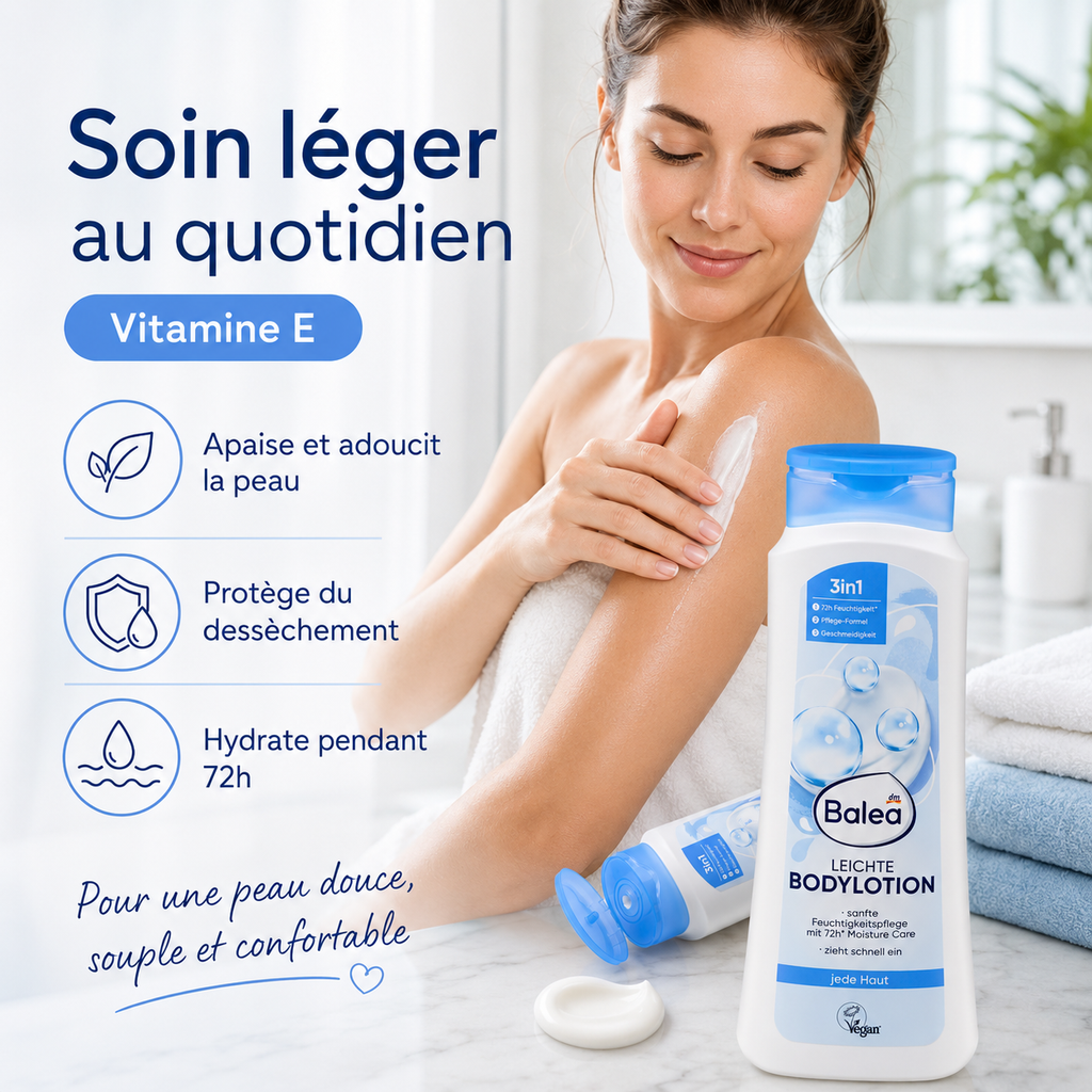 Balea Bodylotion Leichte – Lait Corps Léger Hydratant 72H à la Vitamine E – 400 ml