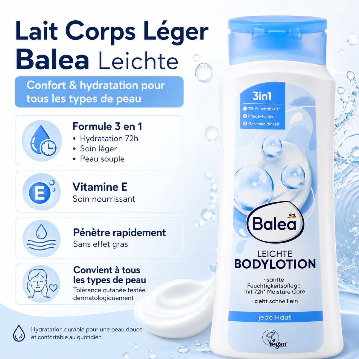 Balea Bodylotion Leichte – Lait Corps Léger Hydratant 72H à la Vitamine E – 400 ml