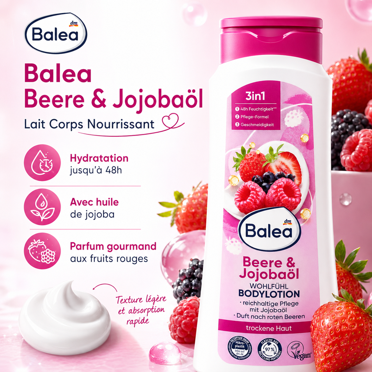 Balea Wohlfühl Bodylotion Beere & Jojobaöl – Lait Corps Hydratant aux Fruits Rouges & Huile de Jojoba – 400 ml