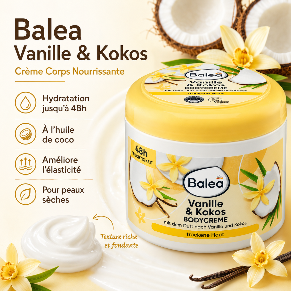 Balea Bodycreme Vanille & Kokos – Crème Corps Nourrissante – Peaux Sèches – 500 ml