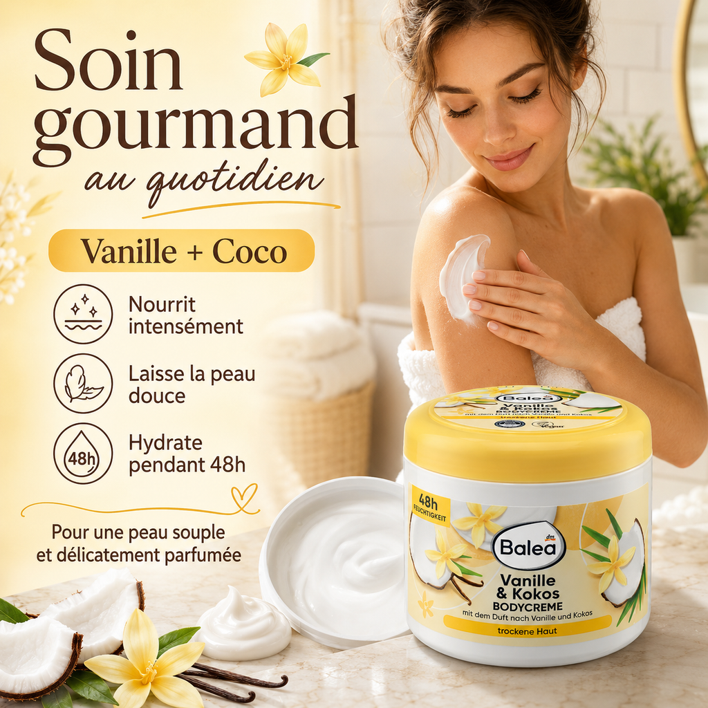 Balea Bodycreme Vanille & Kokos – Crème Corps Nourrissante – Peaux Sèches – 500 ml