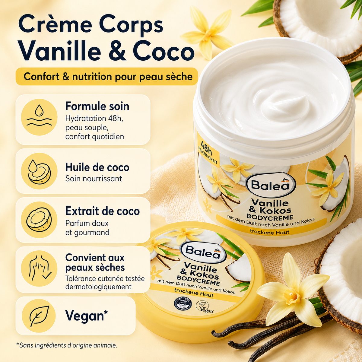 Balea Bodycreme Vanille & Kokos – Crème Corps Nourrissante – Peaux Sèches – 500 ml