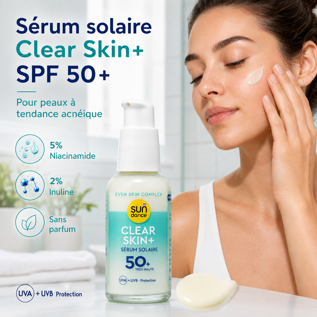 SUNDANCE Clear Skin+ – Sérum Solaire SPF 50+ Anti-Imperfections – 50 ml