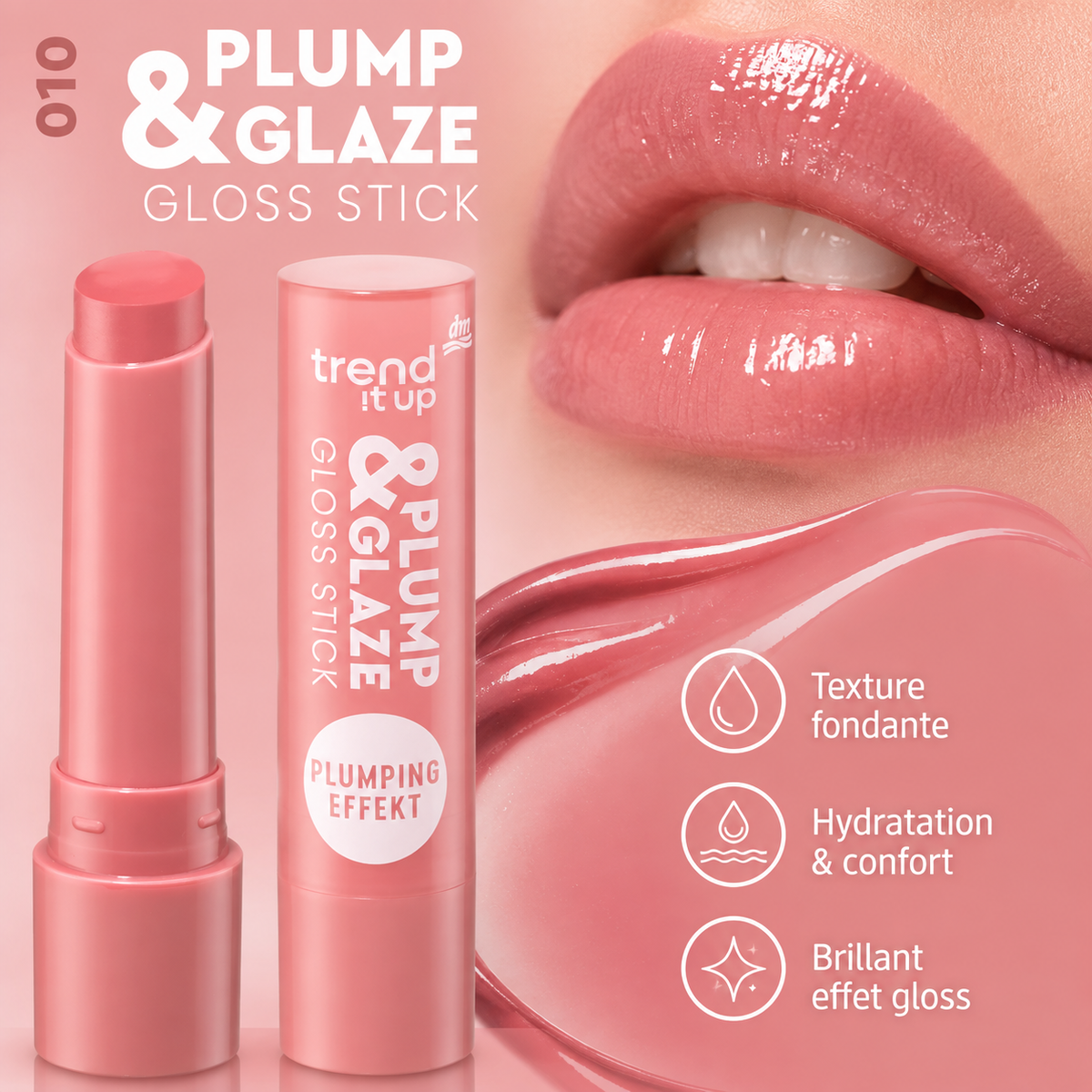 Trend !t up Plump & Glaze Gloss Stick 010 – Rosé Brillant – 2 g