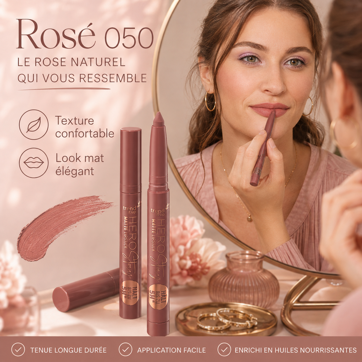 trend !t up Hero Stay Matte 050 Rosé – Rouge à Lèvres Mat – 1,4 g