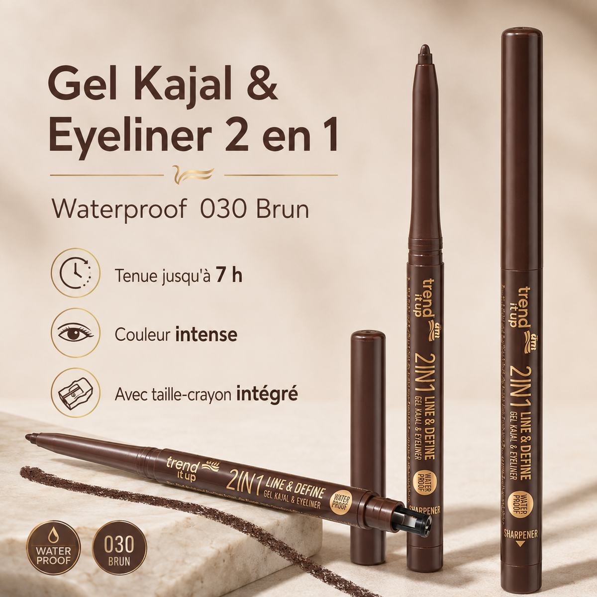 trend !t up Gel Kajal & Eyeliner 2 en 1 Waterproof 030 Brun – 0,35 g