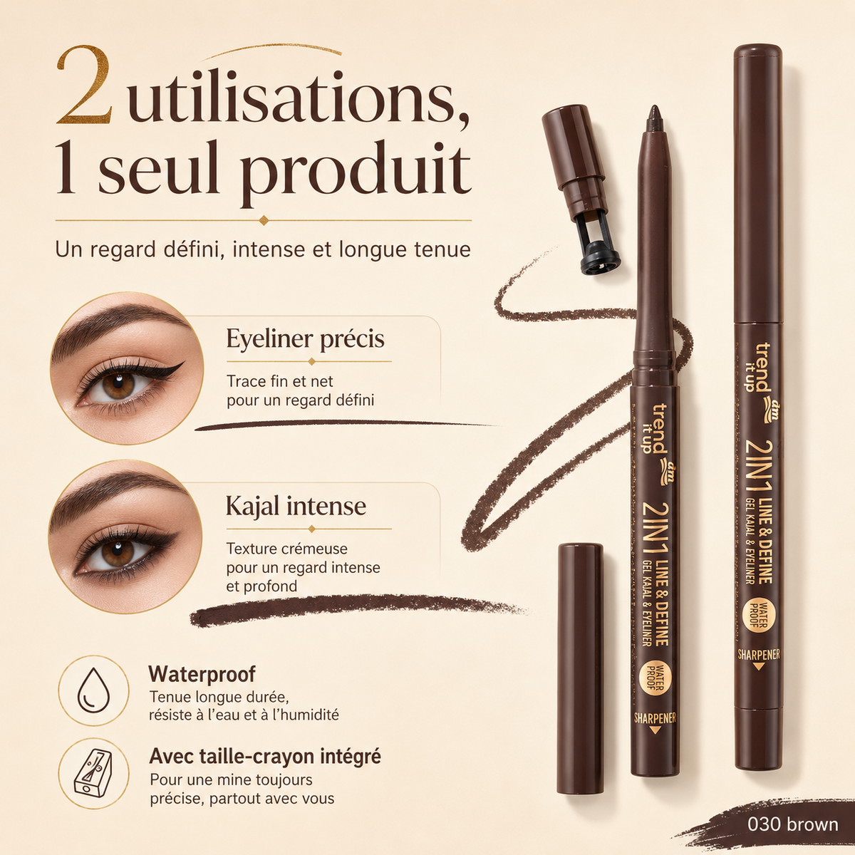 trend !t up Gel Kajal & Eyeliner 2 en 1 Waterproof 030 Brun – 0,35 g