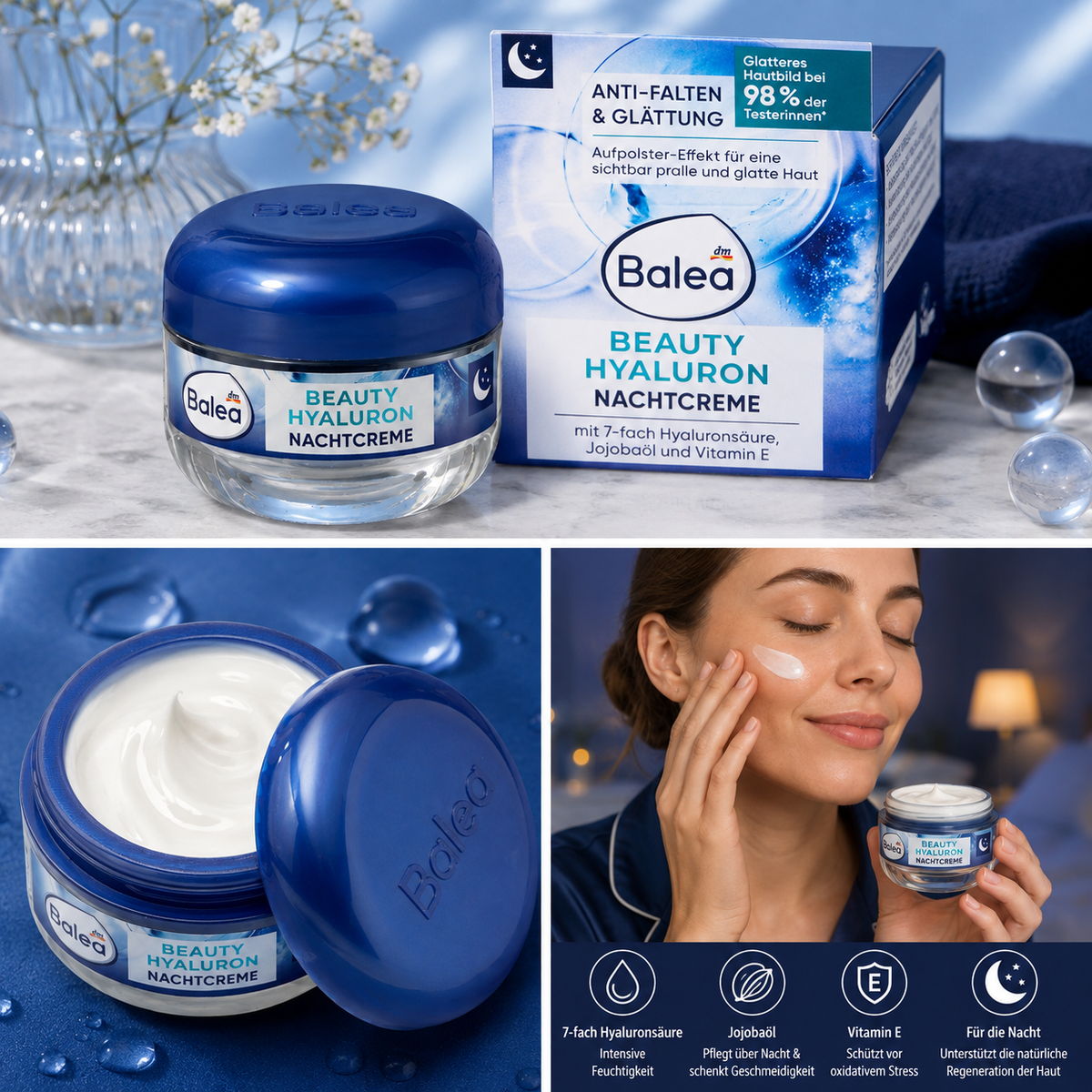 Balea Beauty Hyaluron Crème de Nuit – Hydratation intense, action anti-rides et peau lissée – 50 ml