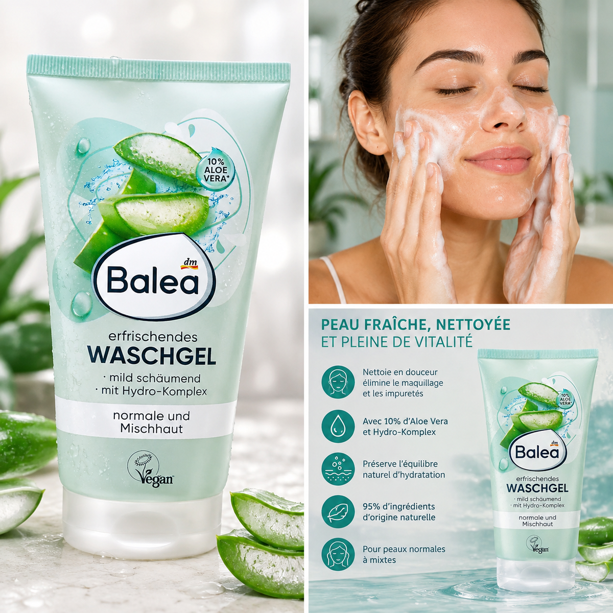 Balea Gel Nettoyant Rafraîchissant à l’Aloe Vera – Peaux normales à mixtes – 150 ml