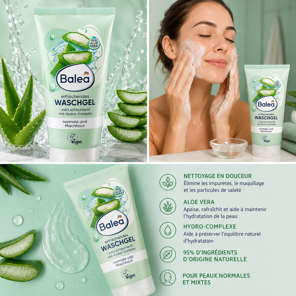 Balea Gel Nettoyant Rafraîchissant à l’Aloe Vera – Peaux normales à mixtes – 150 ml