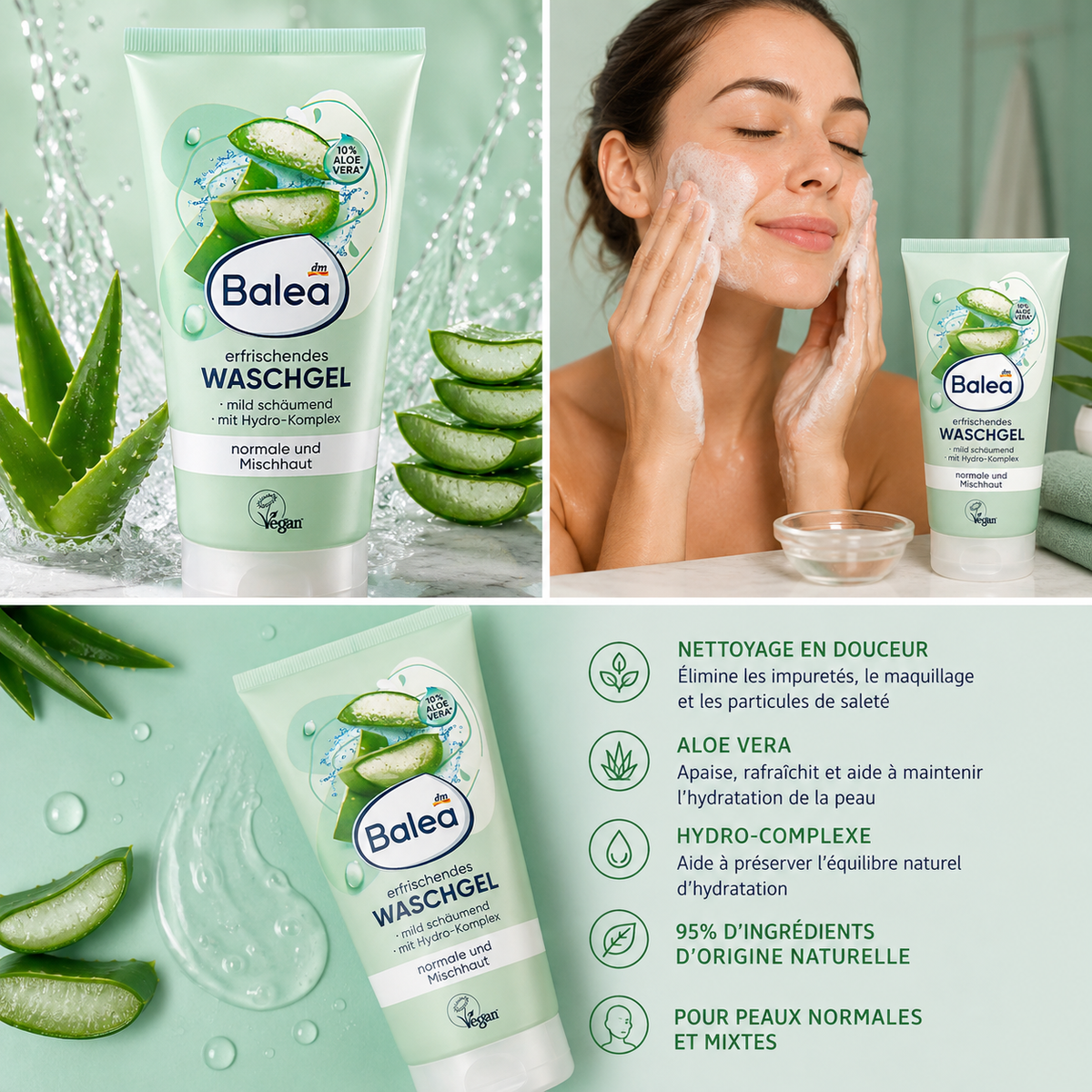 Balea Gel Nettoyant Rafraîchissant à l’Aloe Vera – Peaux normales à mixtes – 150 ml
