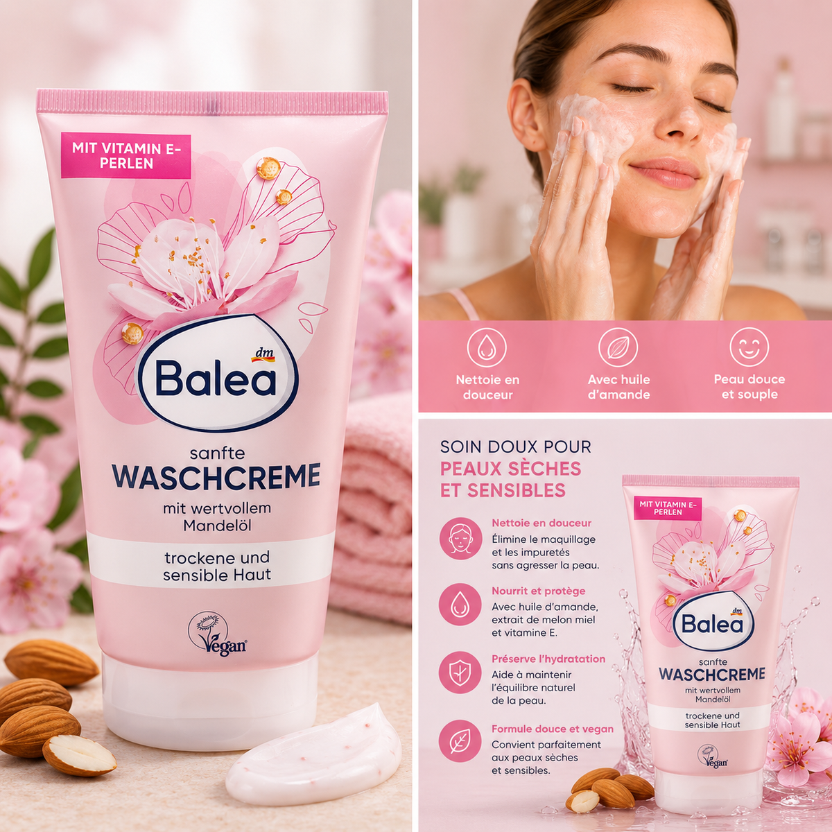 Balea Crème Nettoyante Douce à l’Huile d’Amande – Peaux sèches et sensibles – 150 ml