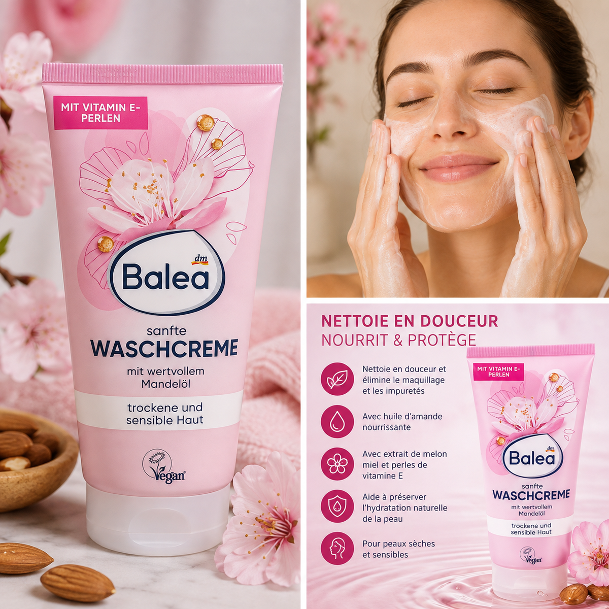 Balea Crème Nettoyante Douce à l’Huile d’Amande – Peaux sèches et sensibles – 150 ml