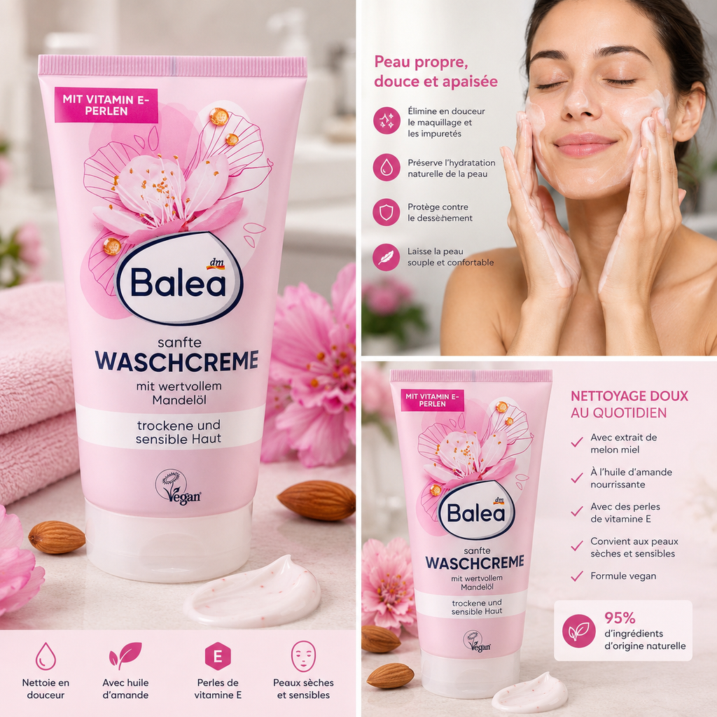 Balea Crème Nettoyante Douce à l’Huile d’Amande – Peaux sèches et sensibles – 150 ml