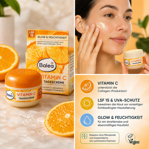 Balea Crème de Jour Vitamine C LSF 15 – Éclat, hydratation et action anti-rides – 50 ml