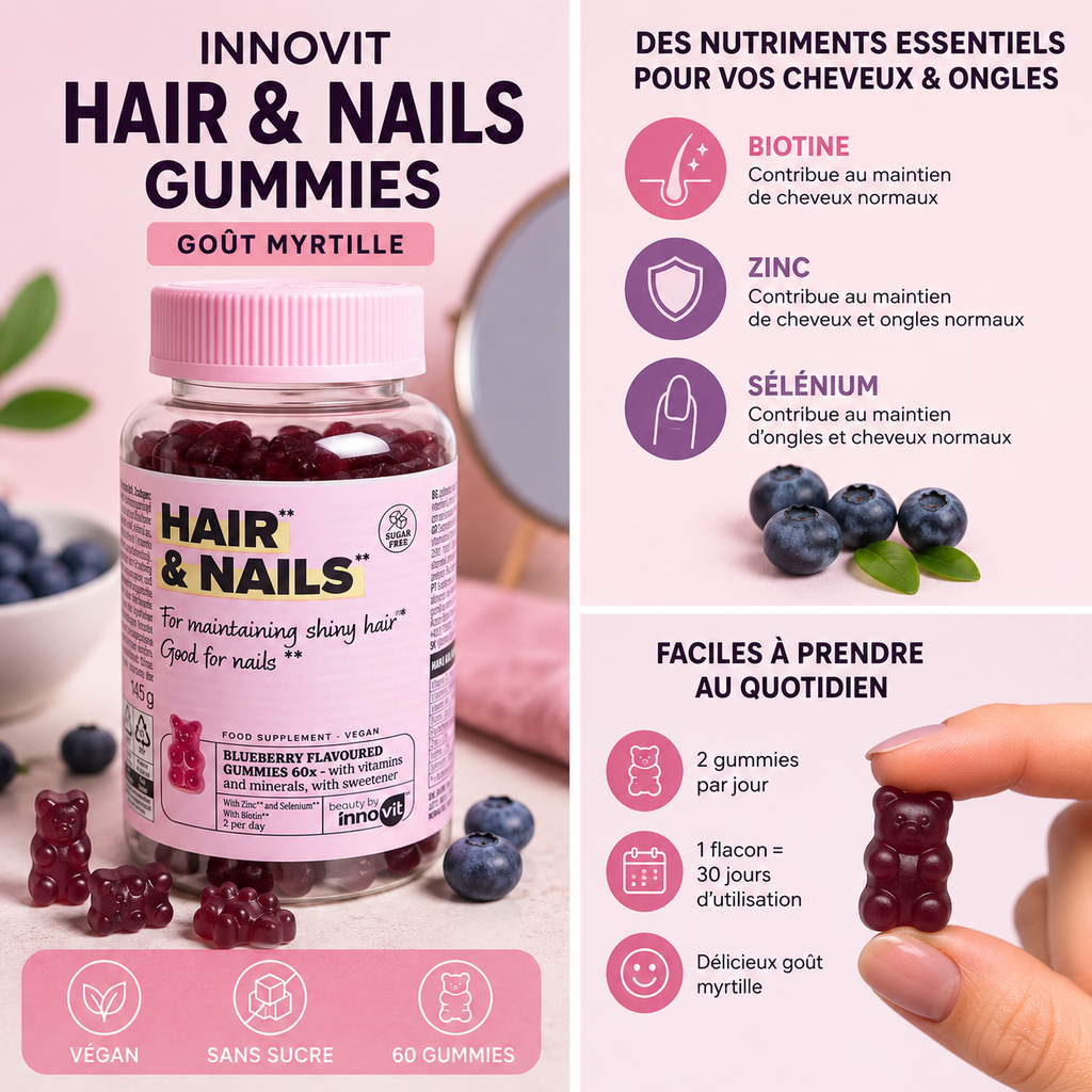 Innovit Hair & Nails Gummies Myrtille – Biotine, Zinc & Sélénium – 60 Gummies