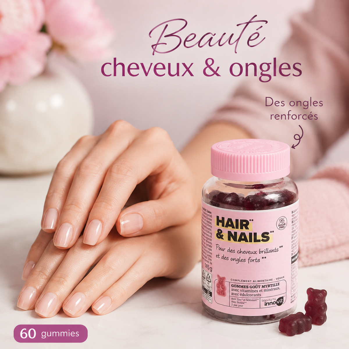 Innovit Hair & Nails Gummies Myrtille – Biotine, Zinc & Sélénium – 60 Gummies