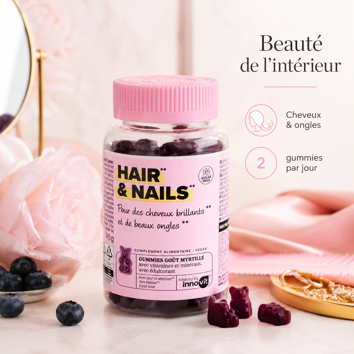 Innovit Hair & Nails Gummies Myrtille – Biotine, Zinc & Sélénium – 60 Gummies