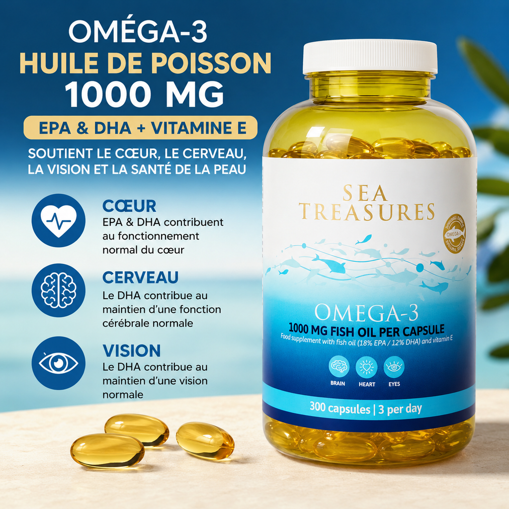 Sea Treasures Oméga-3 1000 mg – Huile de Poisson EPA & DHA + Vitamine E