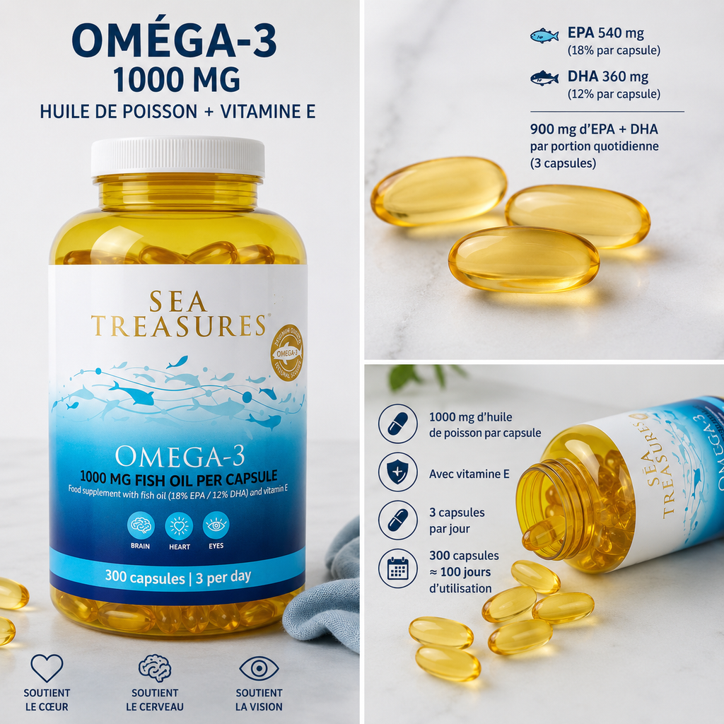 Sea Treasures Oméga-3 1000 mg – Huile de Poisson EPA & DHA + Vitamine E