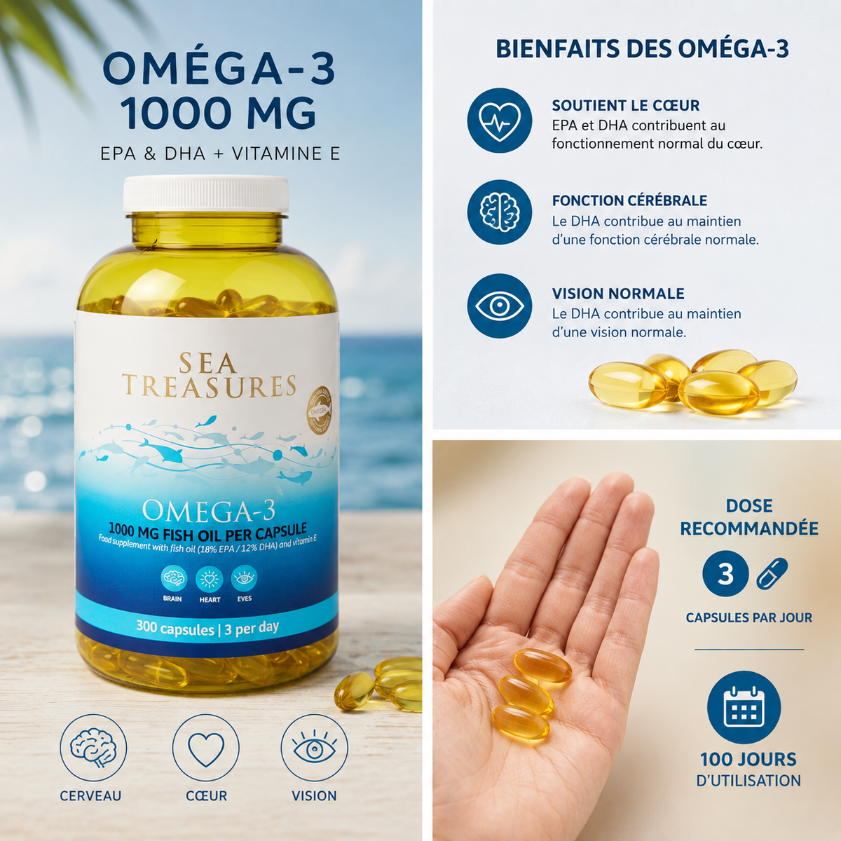 Sea Treasures Oméga-3 1000 mg – Huile de Poisson EPA & DHA + Vitamine E