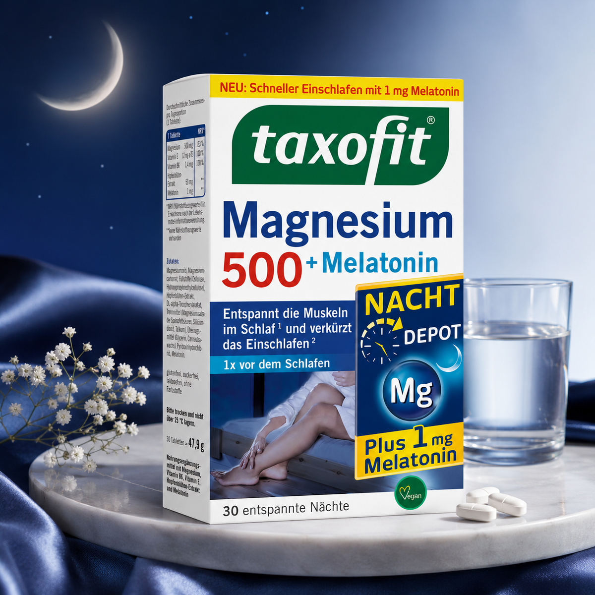 Taxofit Magnésium 500 + Mélatonine Nuit Depot – Sommeil et détente musculaire – 30 comprimés