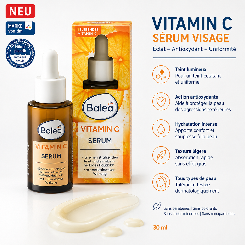 Balea Sérum Visage Vitamine C – Éclat, hydratation et action antioxydante – 30 ml
