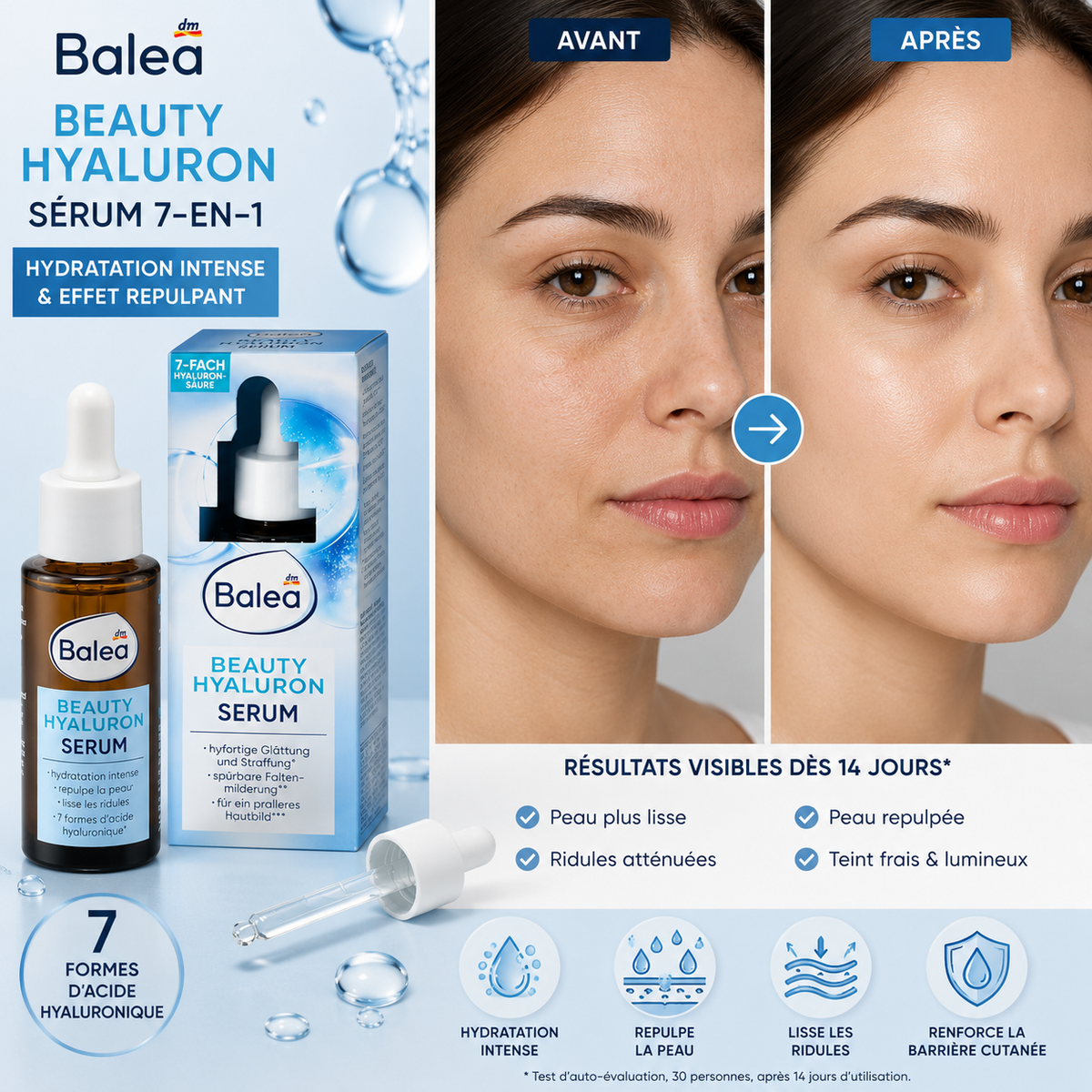 Balea Beauty Hyaluron Sérum 7-en-1 – Hydratation, effet repulpant et ridules – 30 ml