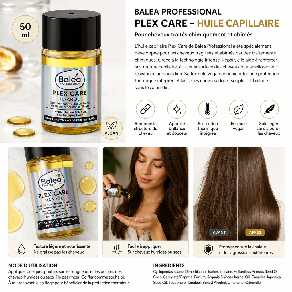 Balea Professional Huile Capillaire Plex Care Réparatrice avec Protection Thermique – Cheveux abîmés – 50 ml