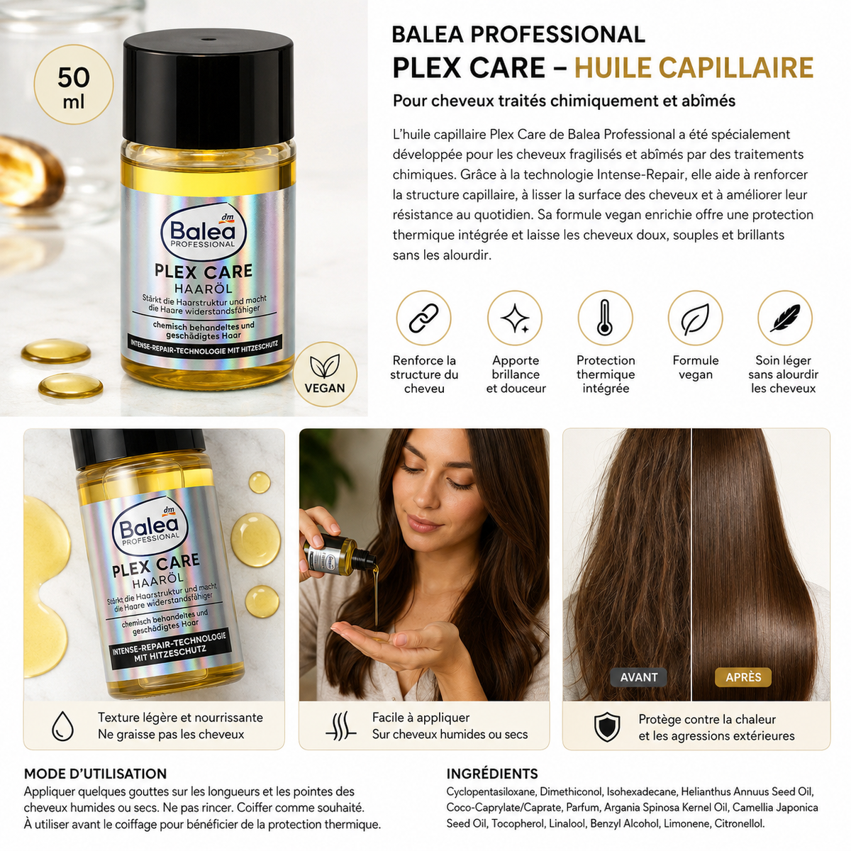 Balea Professional Huile Capillaire Plex Care Réparatrice avec Protection Thermique – Cheveux abîmés – 50 ml