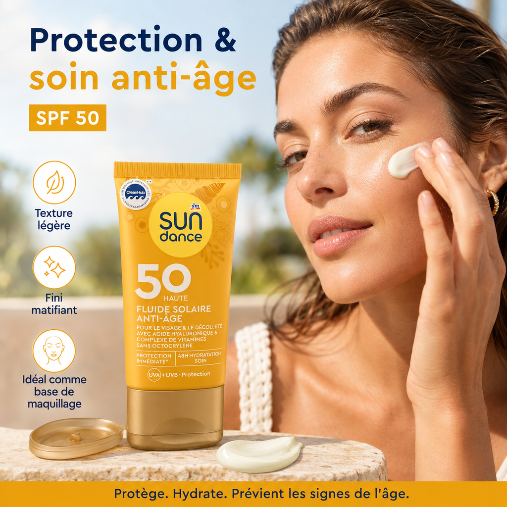 SUNDANCE Anti-Âge – Fluide Solaire Visage SPF 50 – 50 ml