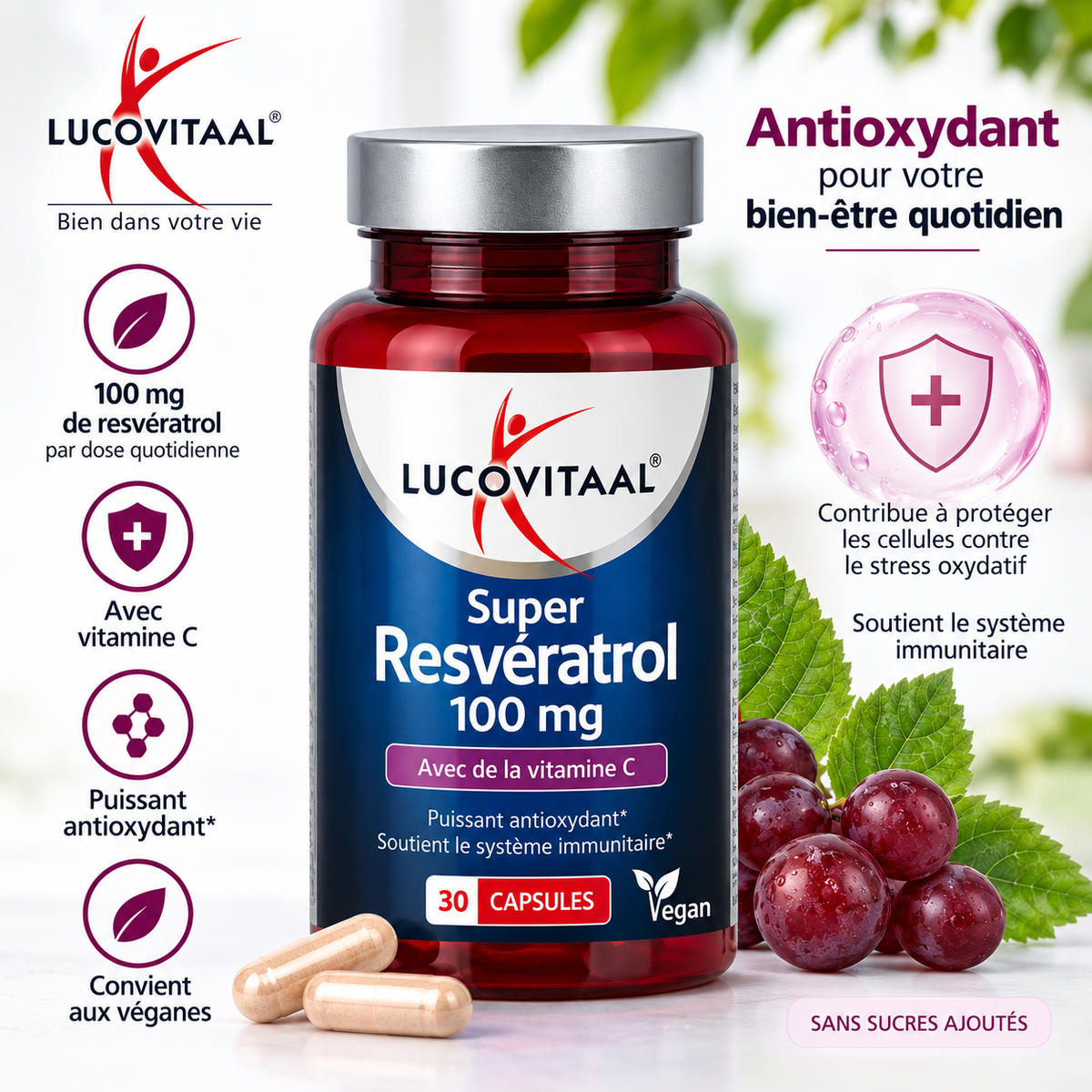 Lucovitaal Super Resveratrol 100 mg + Vitamine C – Antioxydant & Beauté de l’intérieur – 30 capsules