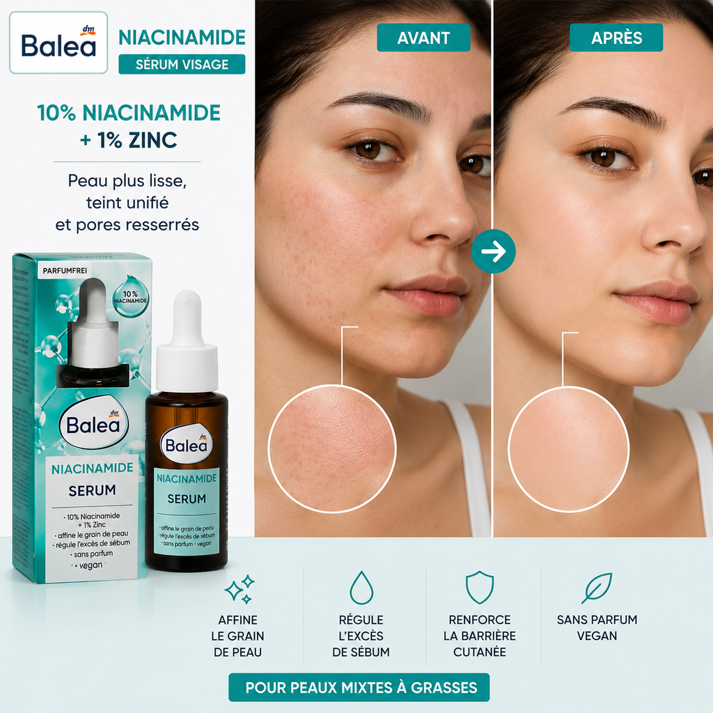 Balea Sérum Niacinamide 10 % + Zinc 1 % – Pores, sébum et teint uniforme – 30 ml