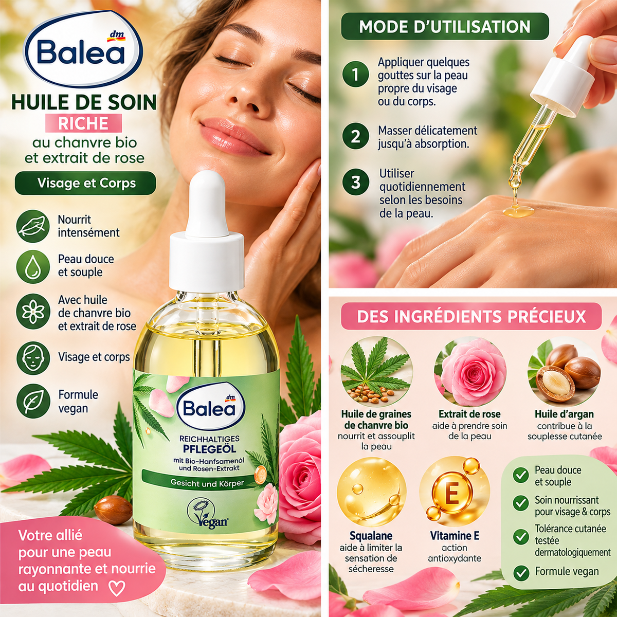 Balea Huile Soin Chanvre & Rose – 100 ml
