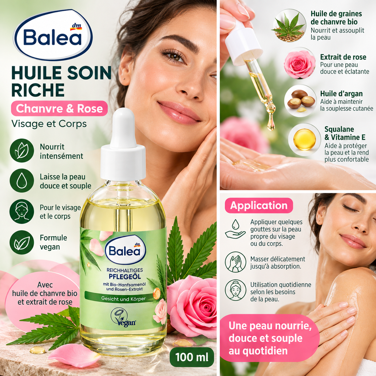Balea Huile Soin Chanvre & Rose – 100 ml