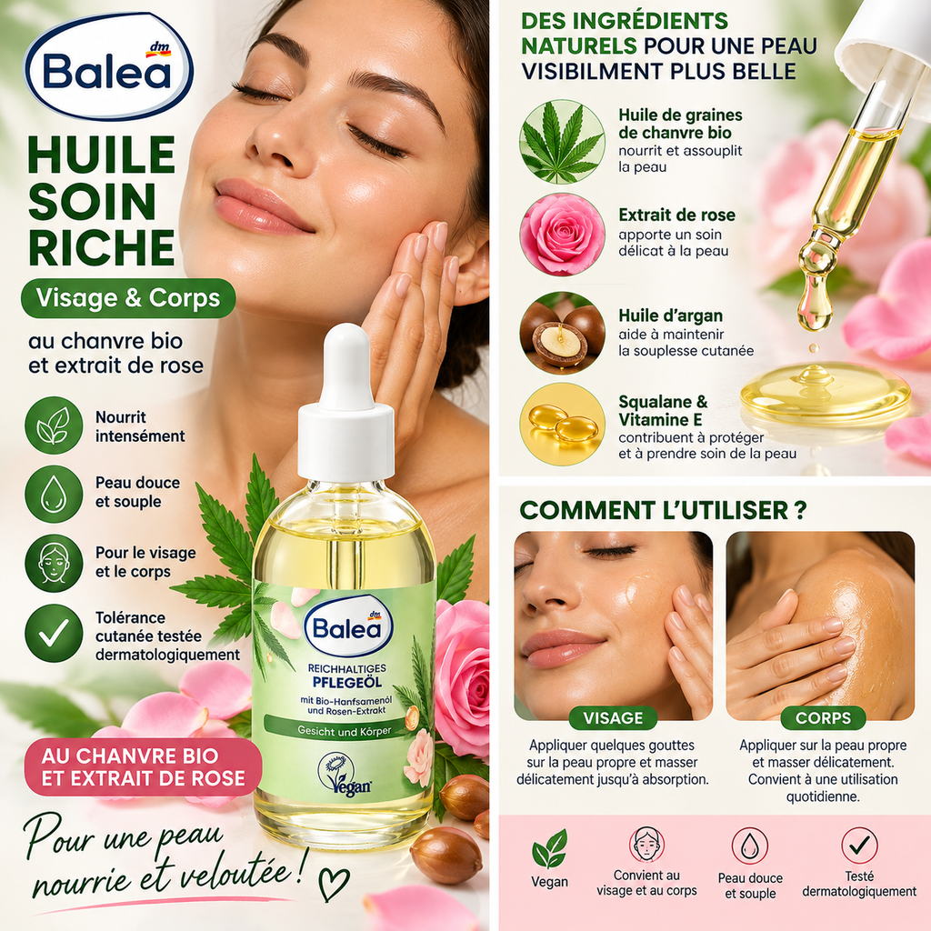Balea Huile Soin Chanvre & Rose – 100 ml