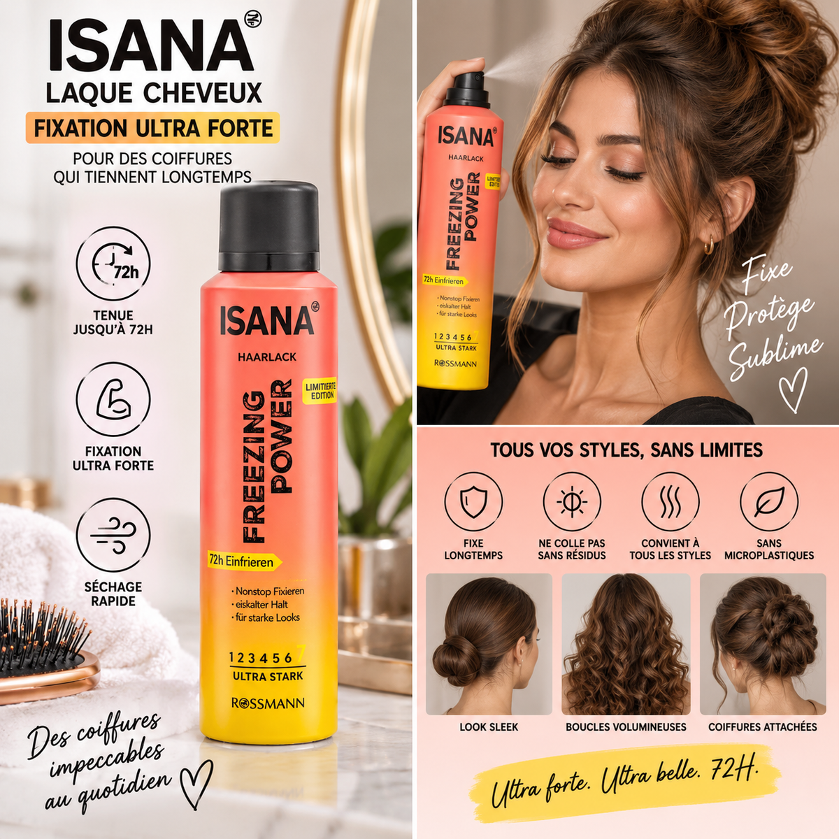 ISANA Freezing Power laque cheveux fixation ultra forte 72 heures