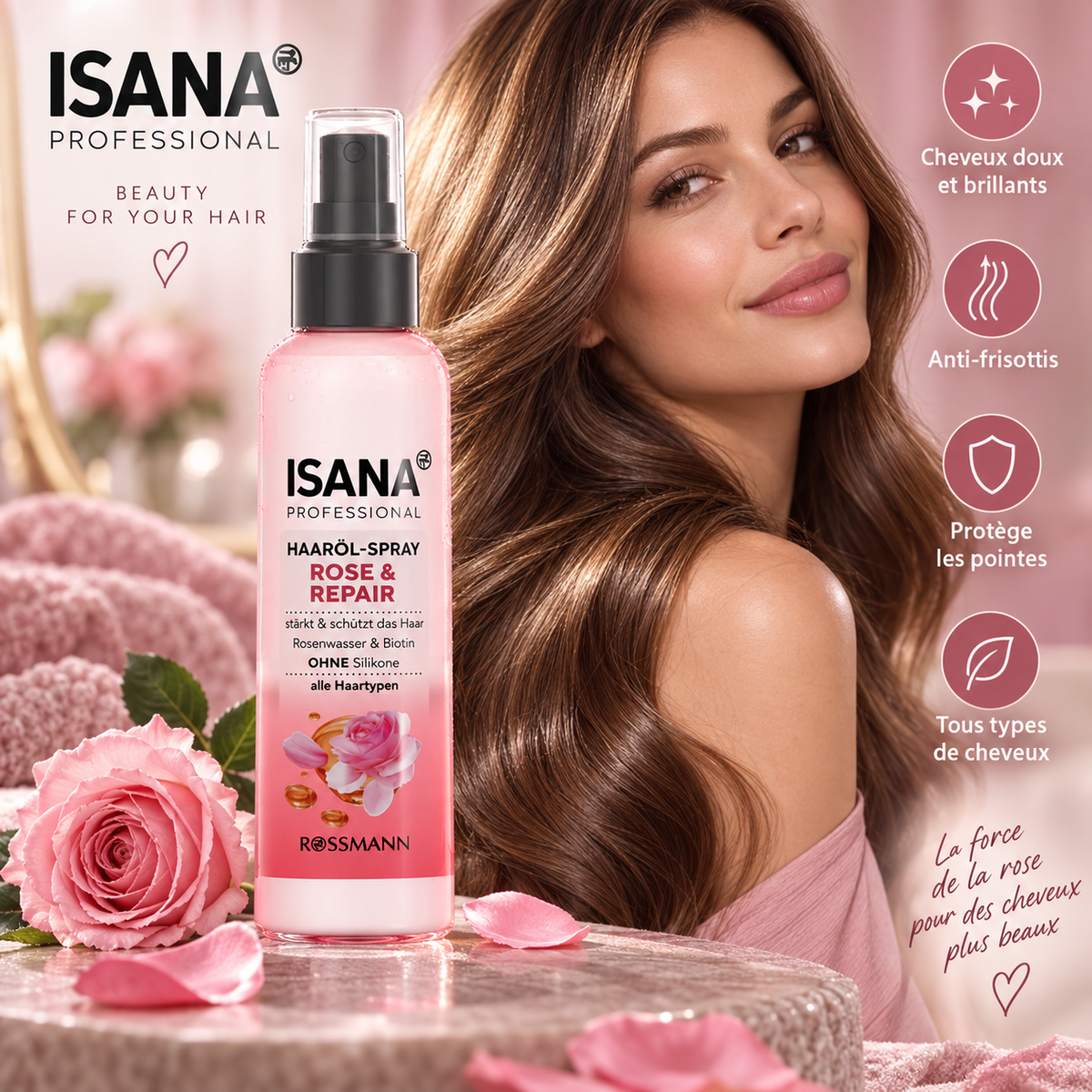 ISANA Professional Rose & Repair spray huile capillaire sans silicones
