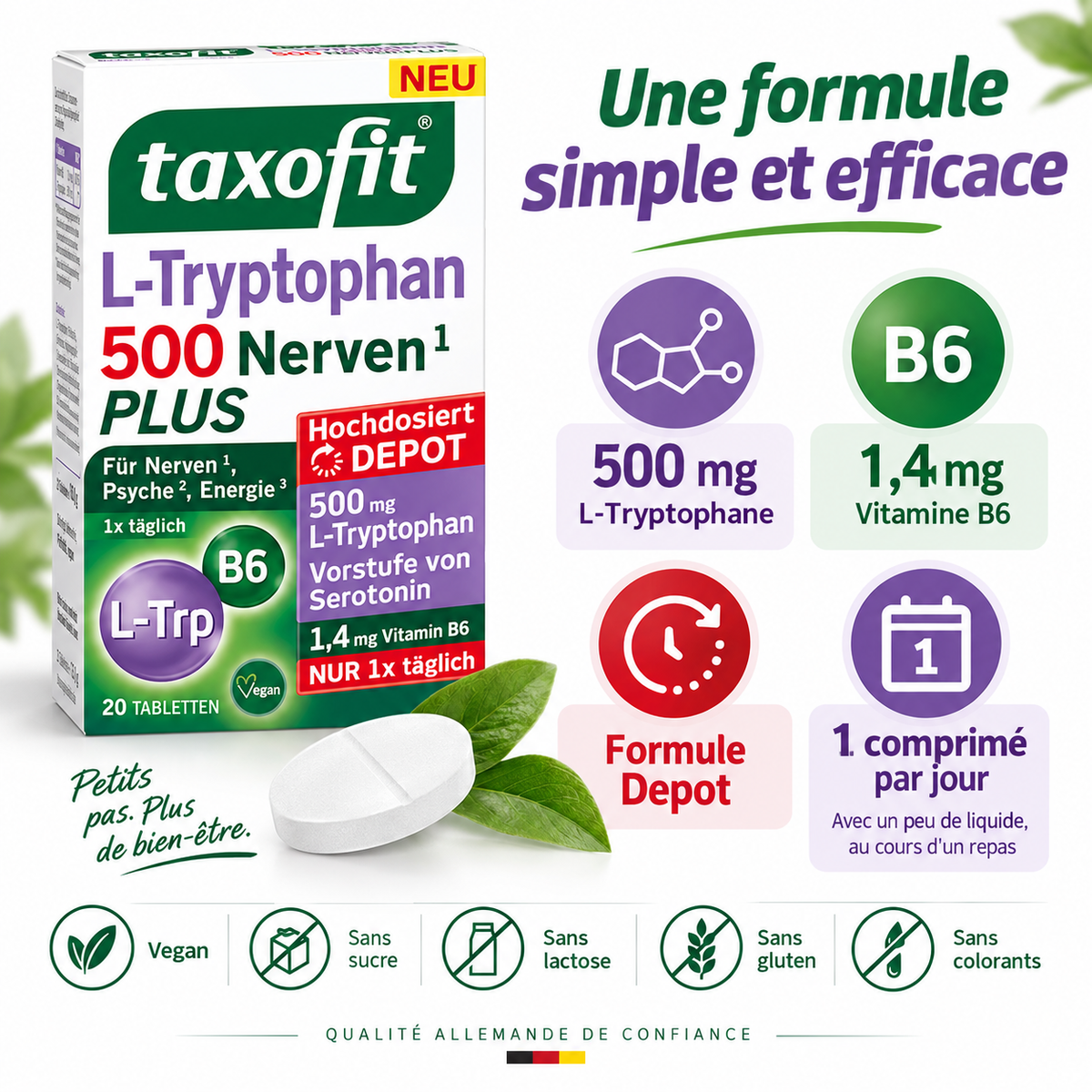 Taxofit L-Tryptophan 500 + Vitamine B6 – 20 Comprimés